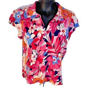 Caribbean Joe Women's PL Polo Shirt Pink Orange Navy Floral Tropical Cap Sleeve